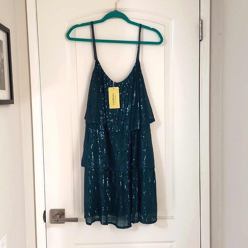 2XL Teal Sequin Ruffle Dress NWT